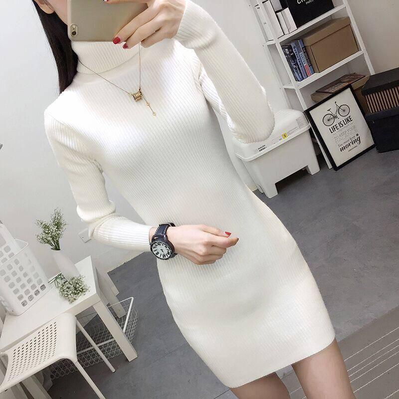 Autumn Winter Women Knitted Dress Turtleneck Sweater Dresses Lady Slim Bodycon Long Sleeve Bottoming