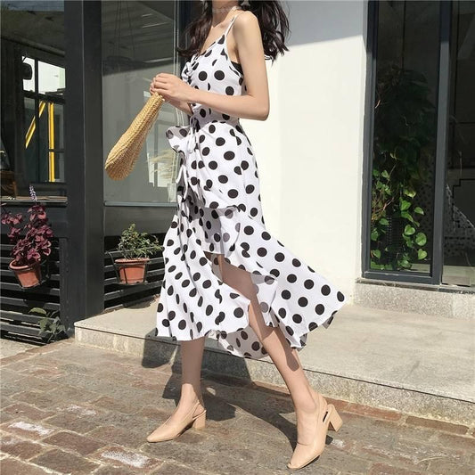 Women Dresses Summer Sexy Dress Ladies High Waist Dot Printing Dresses Back Straps Backless Dress