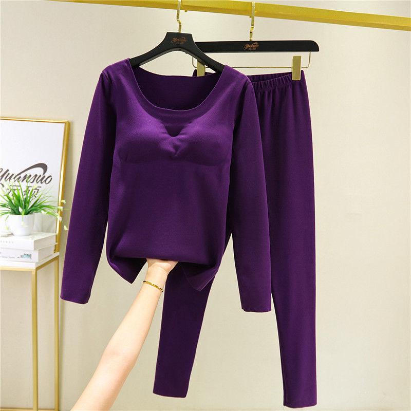 All-in-one Thermal Underwear Set with Chest Pad Two-piece Female Autumn Winter Plus Velvet Self-heating Bottoming Shirt