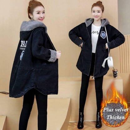 Women Flocking Denim Jacket Winter Ladies Mid-length Denim Parka Loose Plus Fleece Thick Hooded Coat