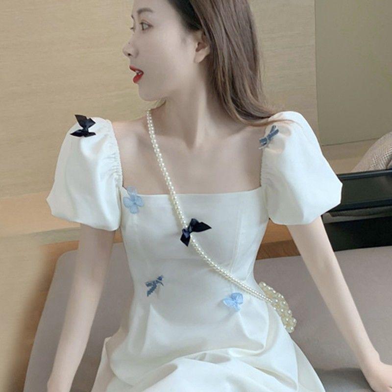 Ladies Summer French Elegant Sweet Square Neck White Thin Short Bow Bubble Sleeve A-line Dress