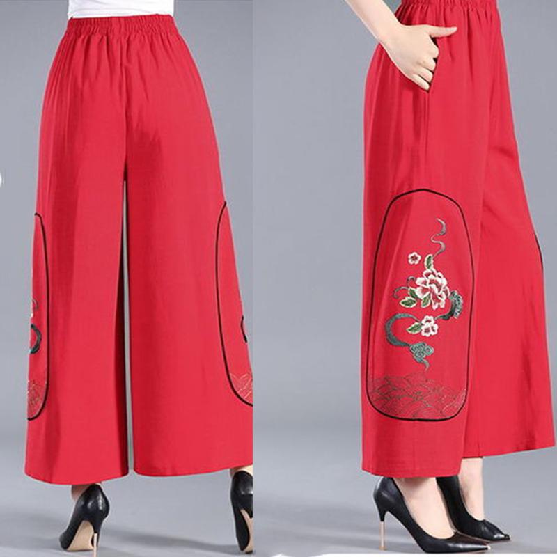 WTEMPO Embroidery Pants Women Ethnic Style Loose Elastic Waist Solid Color Casual Trousers XL-XXXXL