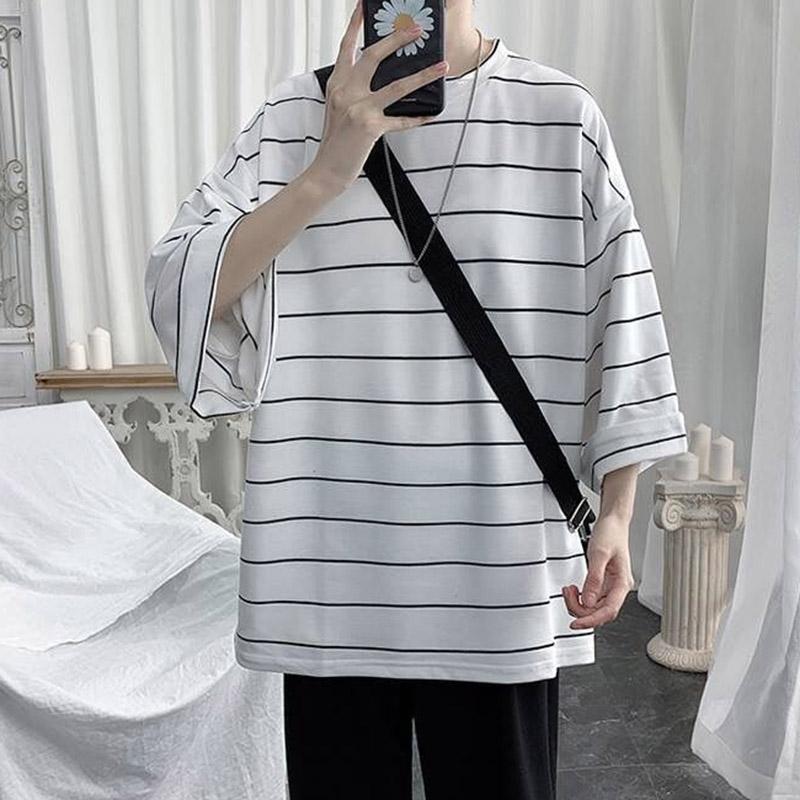 Striped Short-sleeved Men's Summer Five-point Sleeve T-shirt Boys Bat Shirt Loose Tide Brand Half-sleeved Men's Shirt