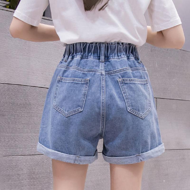 High Waist Denim Shorts Women's Elastic Waist Outer Wear A-line Wide-leg Shorts Women's Denim Shorts Adjustable Waist