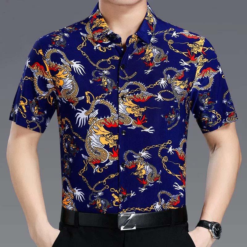 Middle-aged Flower Shirt Men's Summer Short-sleeved Loose Business Ice Silk Men's Thin Floral Half-sleeved Tide