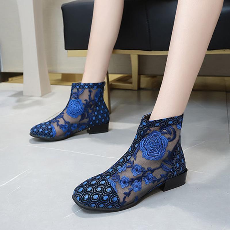 Ladies Square Toe Casual Office Boots Summer Boots Women Flower Mesh Zipper Round Toe Shoes