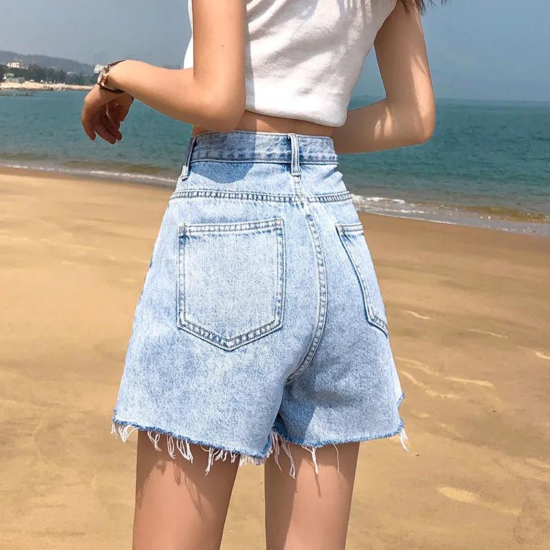 Women Light Blue Chic Pockets Frayed Hem Ripped Denim Shorts Vintage High Waist Zipper Female Short Jeans