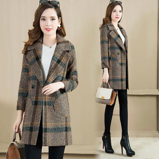 Women Wool Coat Plaid Women Loose Long Woolen Coats Winter Coat Woolen Overcoat Wool Jackets Trench