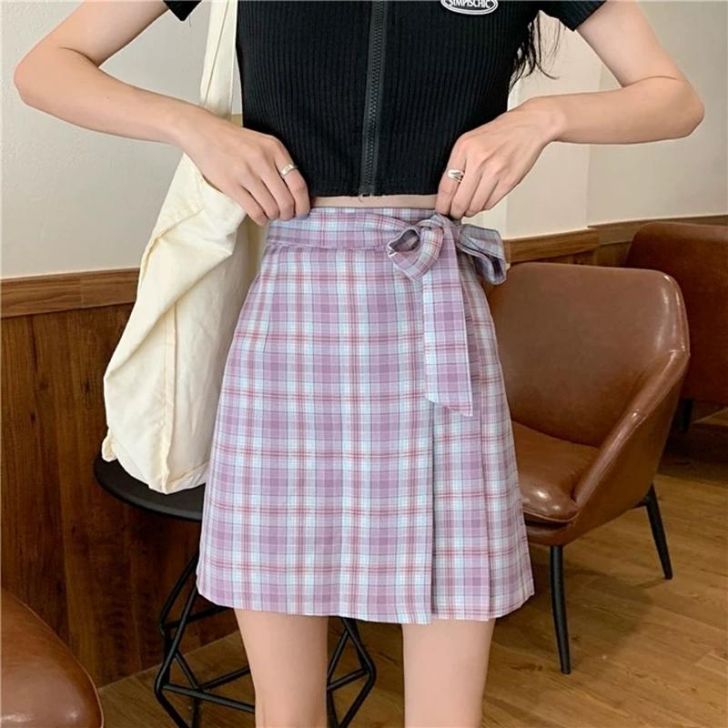 Bow School Girl Women High Waist Pleated Skirt  Plaid A-Line Flare Skater Short Skirt Uniforms Cosplay Sweet Girls