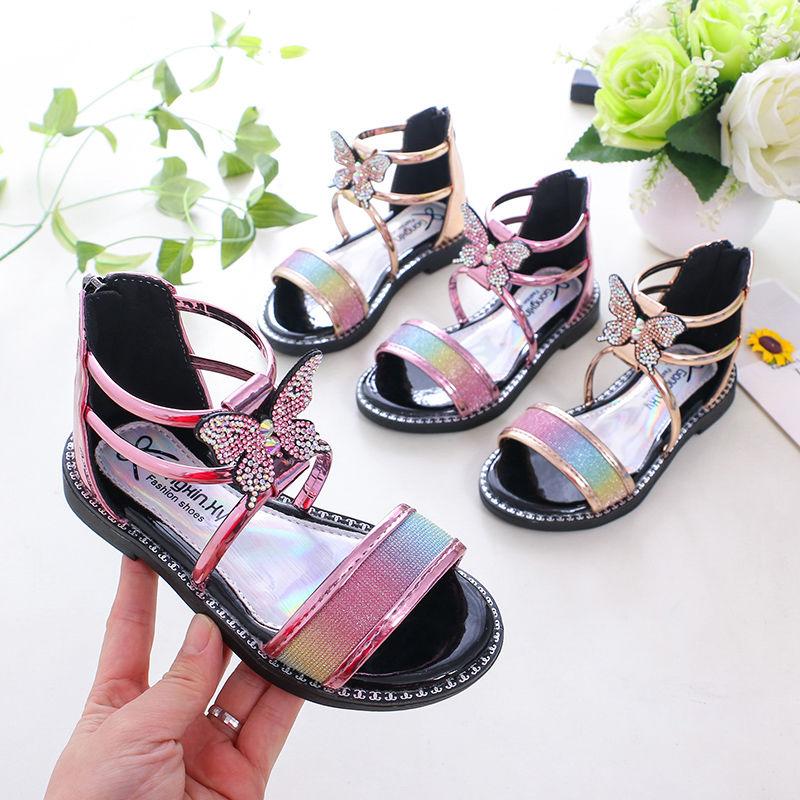 Girls Sandals Summer Korean Princess Sandals Rhinestone Roman Sandals Non-slip Soft Bottom Big Kids