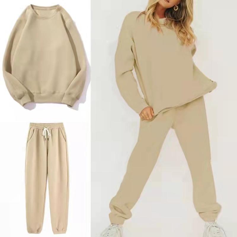 2PCS Women's Sport Suit Round Neck Long-sleeved Sweater Plus Velvet Thickened Two-piece Autumn and Winter Loose Trousers Suit Solid Color Sweat Suits