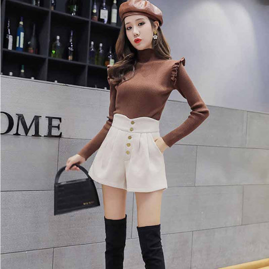 Woolen Shorts Women's Autumn and Winter Models High Waist A-line Wide-leg Loose Korean Casual Bottoming Boots Pants Outer Wear