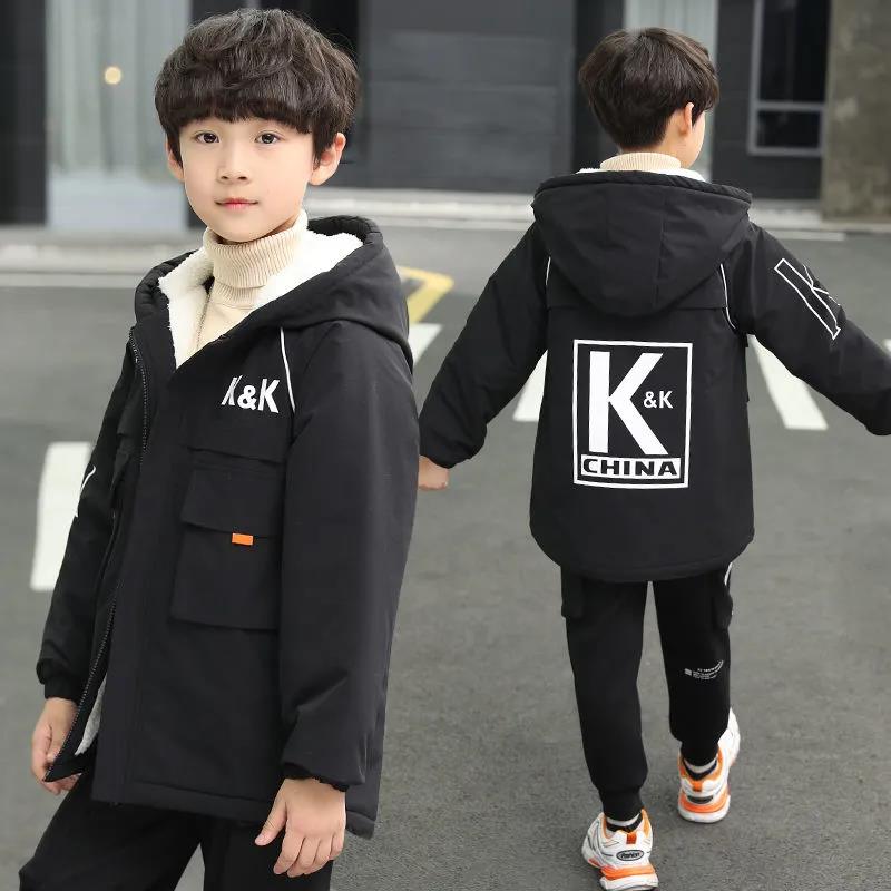 Children's Clothing Boys' Jacket Winter Clothing Plus Velvet Big Children's Thickening Mid-length Windbreaker Trendy Fashion Warm Cotton Clothing