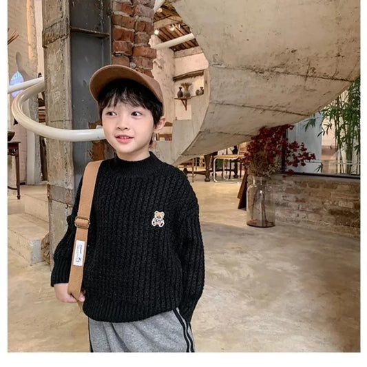 Boys' Sweaters Thickened Autumn and Winter Models of Bears, Big Children's Plus Velvet Turtleneck Pullovers, Girls' Tops