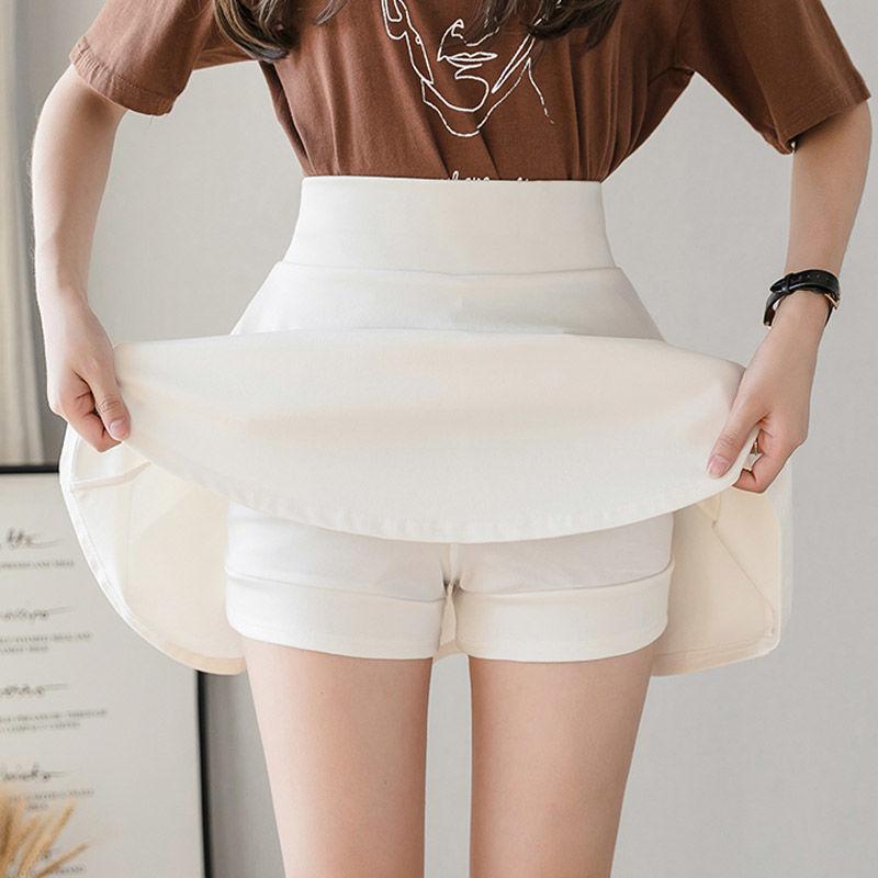 Two Layers High-waist Plus Size Short Skirt Women's A-line Skirt Pleated Skirt Anti-glare Solid Color Big Pocket