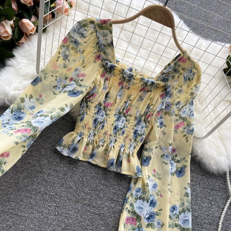 Floral Chiffon Shirt French Sweet Flower Print Bubble Lantern Sleeves Off the Shoulder Top Slim Blouses Sexy Pullover Womens Tops Summer Blouse