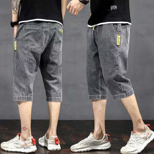 Summer Thin Denim Shorts Men's Loose Straight Leg Stretch Cropped Casual Pants