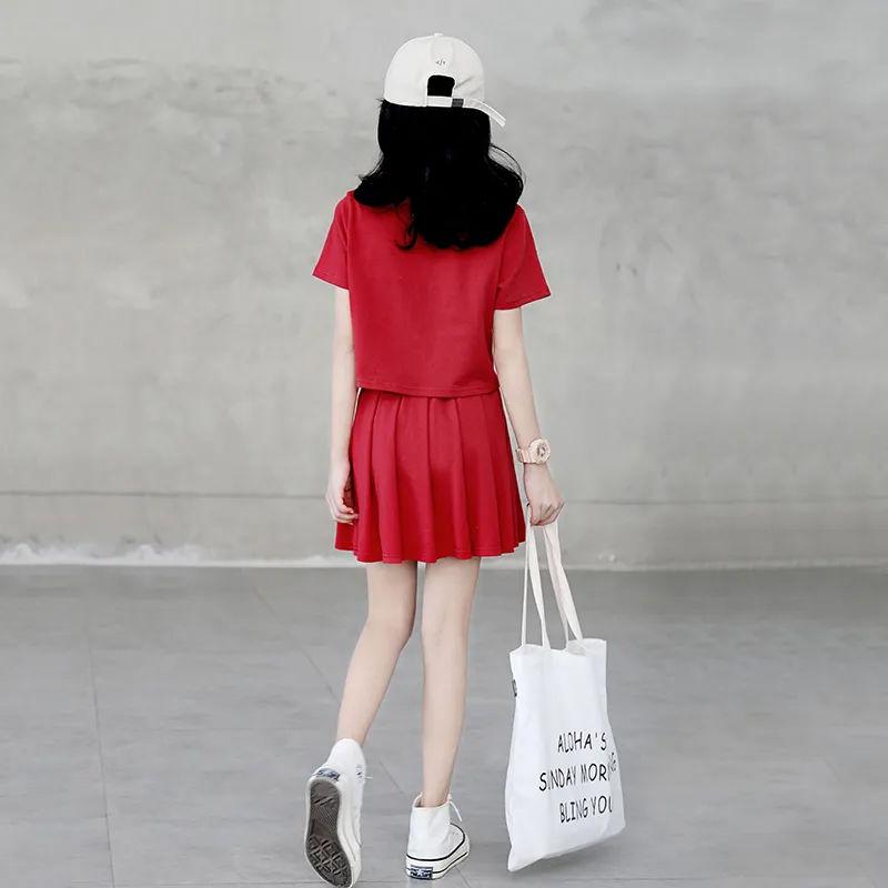 Girls' Suit Summer Thin T-shirt Short Skirt High Waist Two Piece Set Korean Style Loose Uniform Style Pleated Skirt