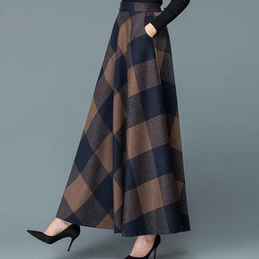 Winter Plus Size Woolen Skirt Female Printed Plaid A-line Skirt Long Maxi Skirt