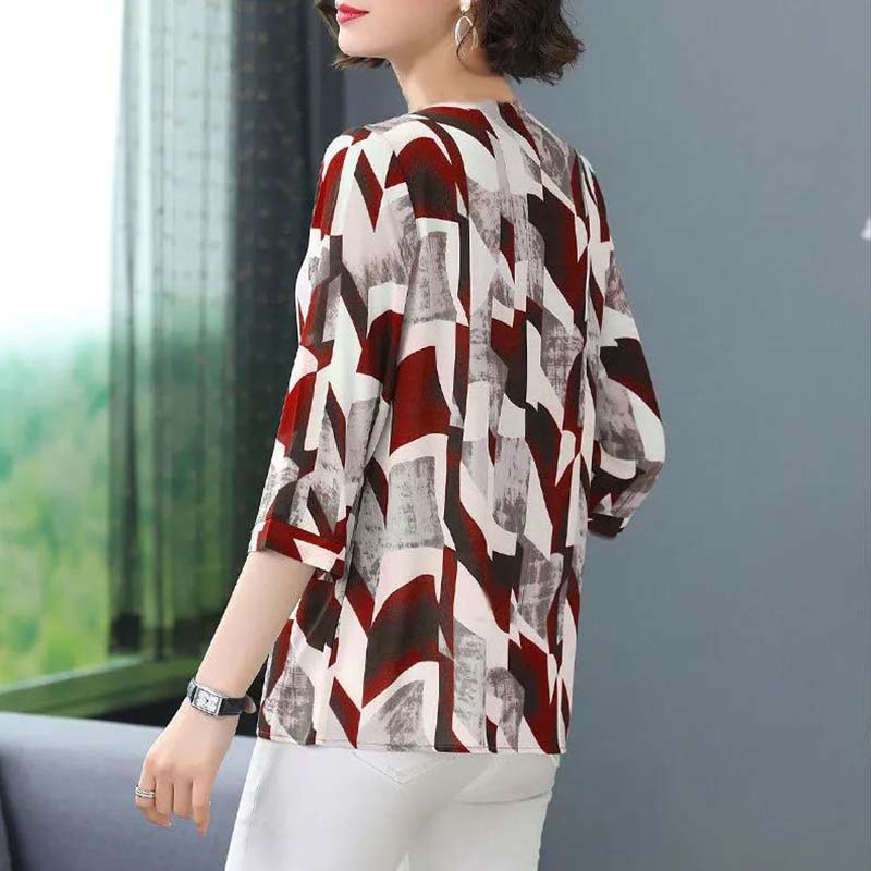 Printed Top Women's Three-quarter Sleeve Spring and Autumn T-shirt Round Neck Loose Top