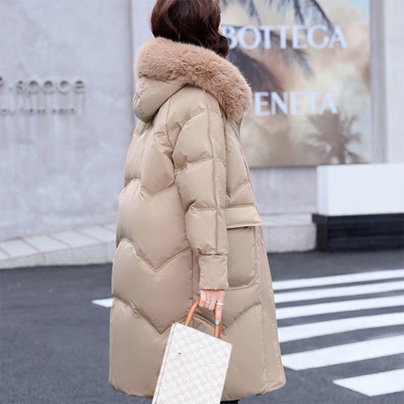 Women's Shiny Down Padded Jacket Mid-length Korean Style Loose Padded Jacket Warm Cotton Coat Big Fur Collar Winter Clothes