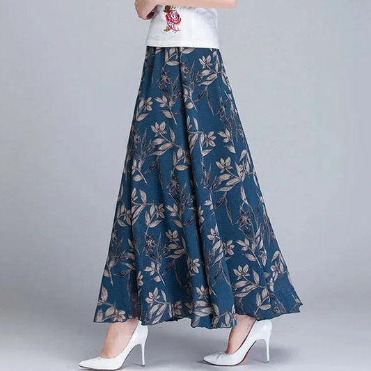 Women's Summer Ice Silk Floral Printing Skirt Elastic High Waist A-line Skirt Large Size Long Large Swing Skirt All-match Casual Skirt