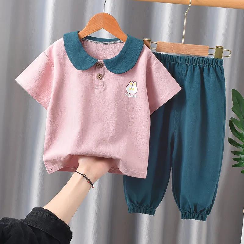 Children's Suit Summer Thin Boys and Girls Casual Wear College Style Printed T Shirt Leggings Two Piece Set