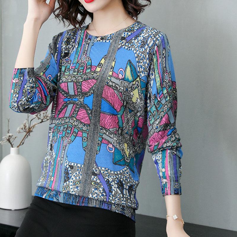 Ethnic Style Printed  Sweater Women Autumn Winter Loose O-Neck Long Sleeve Pullover Knit Jumper Sweater