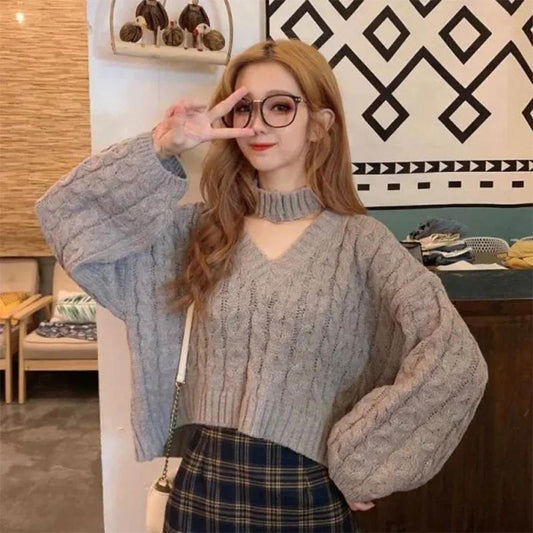 Sweater Design Knit Sweater Top Women's Autumn Winter New Short V-neck Halter Loose Knitted Sweater