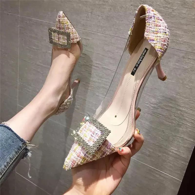 French Girl High Heels Female Stilettos Korean Version of All-match Rhinestone Transparent Pointed Toe Sexy High Heels