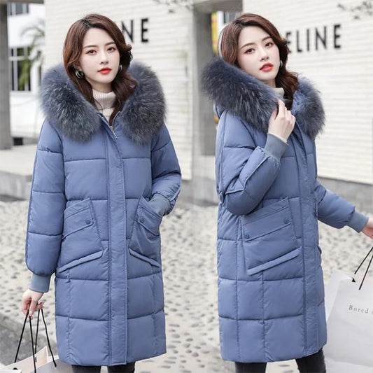 Women's Solid Color Down Jacket Mid-length Korean Loose Thick Coat Warm Cotton Coat Big Fur Collar Winter Clothes Quilted Coat