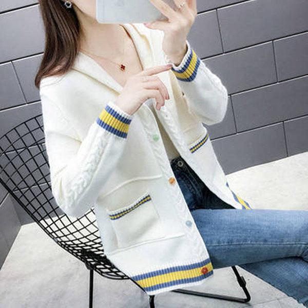 Spring and Autumn Knitted Cardigan Sweater Loose Hooded Large Size Top Short Color-blocking Women's Jacket