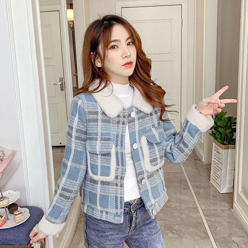 Winter Korean Style Plaid Fur Collar Casual Loose Jacket Women Fashion All-match Straight Short Top