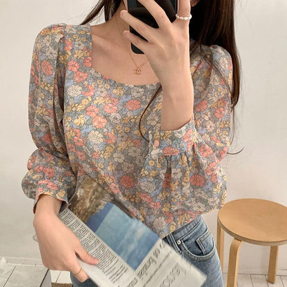 Korean Vitality Girl Autumn Sweet Age Reduction Floral Retro Square Collar Long-sleeved Shirt Loose Chiffon Top