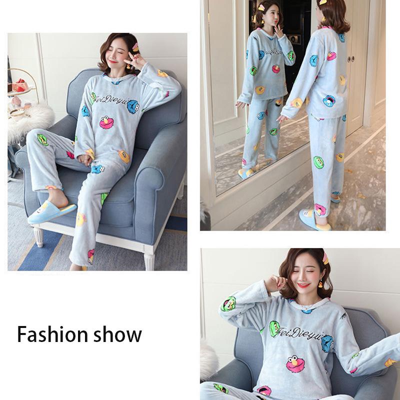 Pajamas Women's Flannel Soft Fabric Cute Card Thickening Plus Velvet Long-sleeved Warm Hood Home Service Suit Can Be Washed