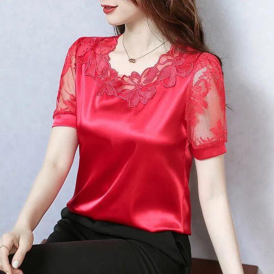 Spring/Summer Stretch Satin Lace Short Sleeve Top Plus Size Stitching Solid Color Shirts for Office Ladies