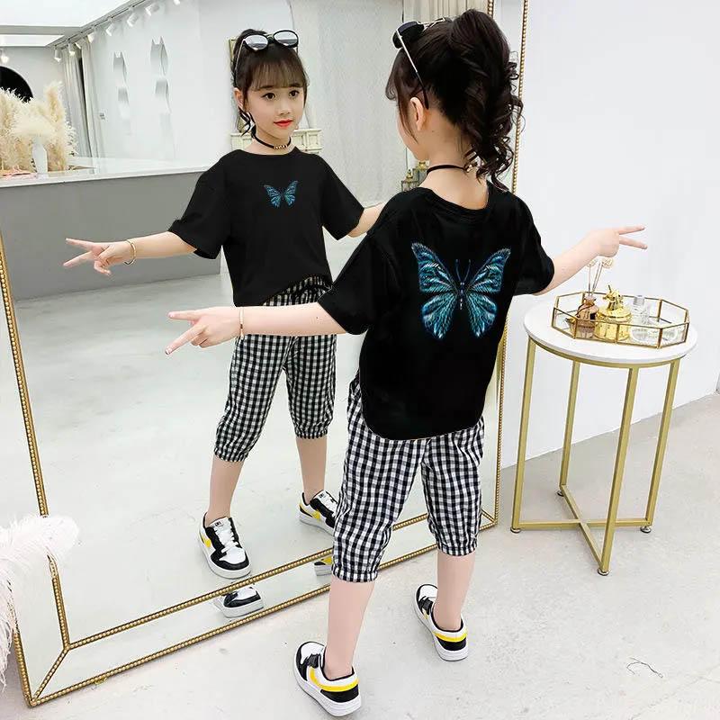 Girls T-Shirt + Plaid Pants Cotton Suit Summer Breathable Cropped Pants Casual Children's Comfortable Butterfly Print Two-piece Set