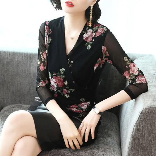 Womens Deep V-Neck Floral Top Femme Long Sleeve Loose Elegant Feminino Evening Party Club Pullover