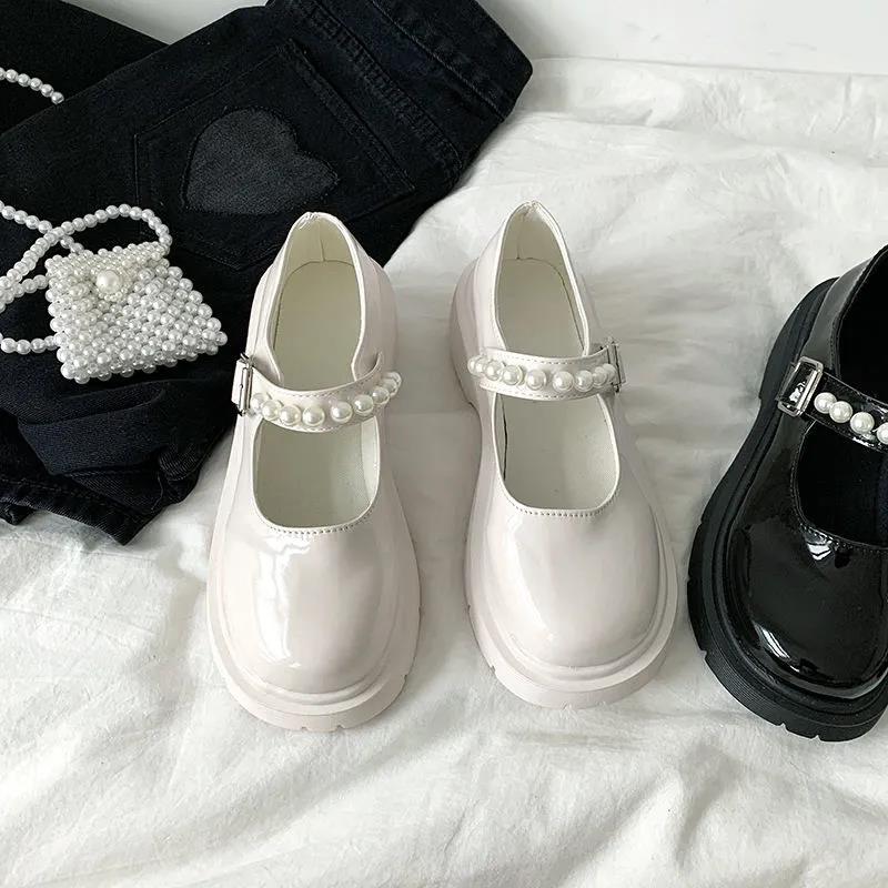 French Retro British Style Leather Shoes Pearl Word with Thick Sole Mary Jane Single Shoes Men Retro Lolita Leather Shoes Cute Women's Shoes