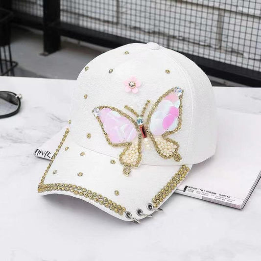 Women's Hat Spring Summer Butterfly Diamond-studded Baseball Cap Metal Three Rings Sun Hat Outdoor Sunshade Cap Hip Pop Ponytail Cap