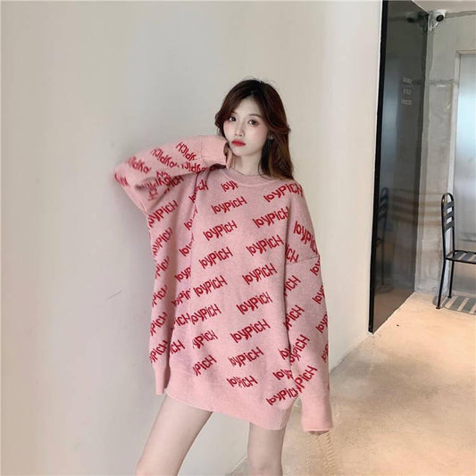 3 Color Letter Knitwear O-Neck Loose Knitting Pullover Chic Simple Color Jumper Sweater Top