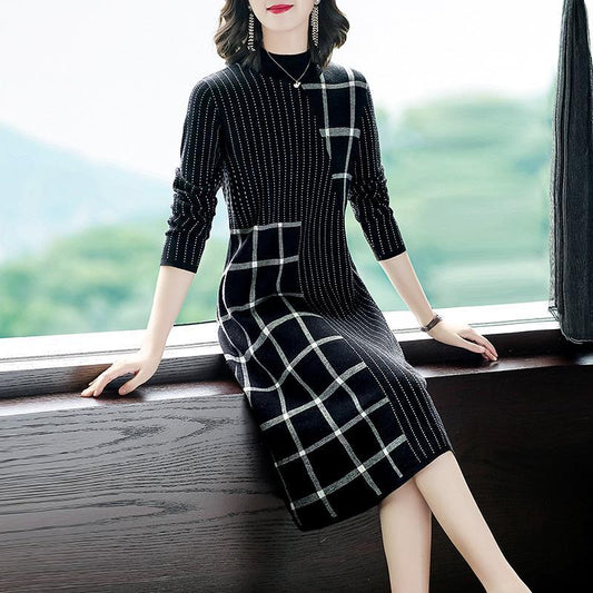 Dress Mid-length Autumn and Winter Knitted Long-sleeved High-end Bottom Stitching Skirt with Coat