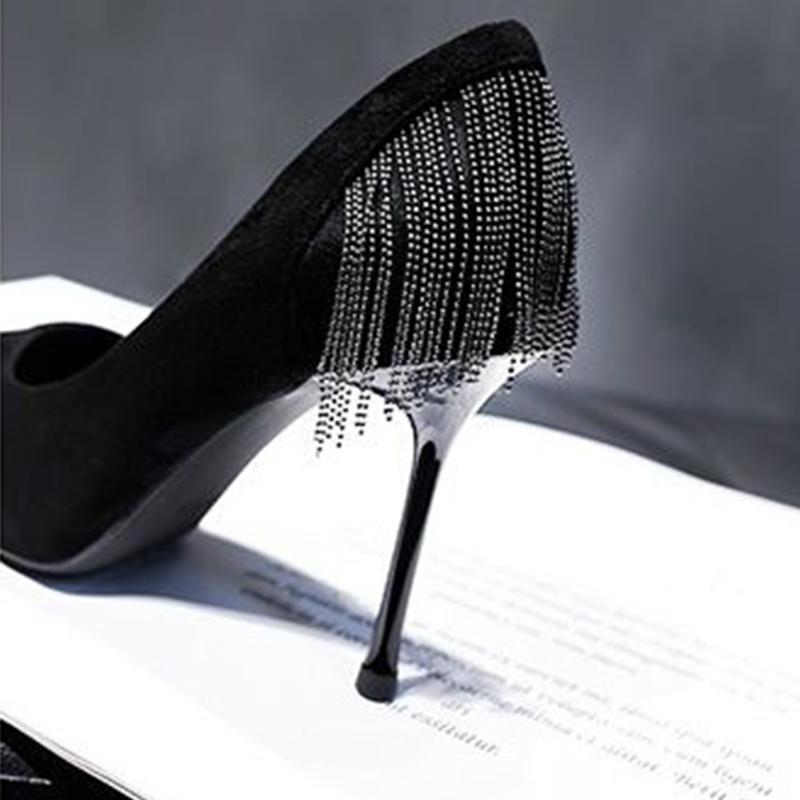 Pointed High Heels Female Spring and Summer Stiletto French Girl Sexy Black High Heels with Fringed Fringe