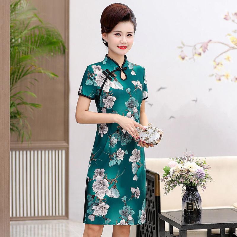 Fashion Mother Summer Short-sleeved Chinese Style Improved Cheongsam Dress Middle-aged and Elderly Women's Western Style Long Slim Dress