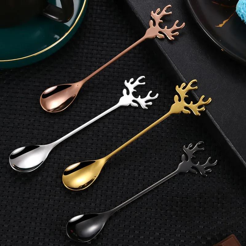 1PC&2PC Coffee Spoon Elk Spoon Coffee Stirring Spoon Cute Dessert Stainless Steel Milk Tea Spoon Household Kitchen Coffee Accessories