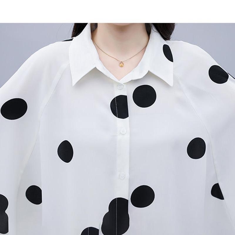 Set Polka Dot Large Size Loose Thin Temperament Shorts Two-piece Polka Dot Loose Large Size Shirt + Black Shorts Elegant Temperament