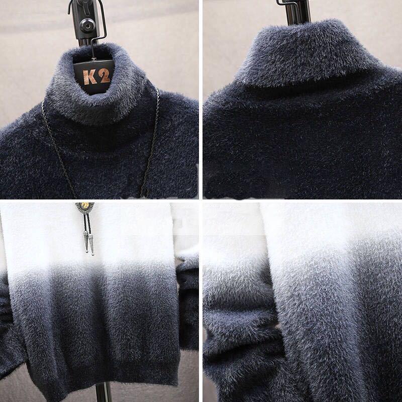 Men's Imitation Mink Velvet Turtleneck Sweater Korean Version of Slim Plus Velvet Thick Sweater Gradient Color Fuzzy Sweater