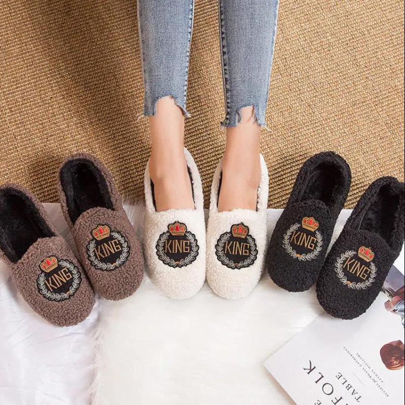 Peas Shoes Autumn and Winter Plus Fluffy Shoes Women's Flat-bottomed Warmth Casual Shoes Women's Moccasin Shoes Slip-on Lazy Shoes