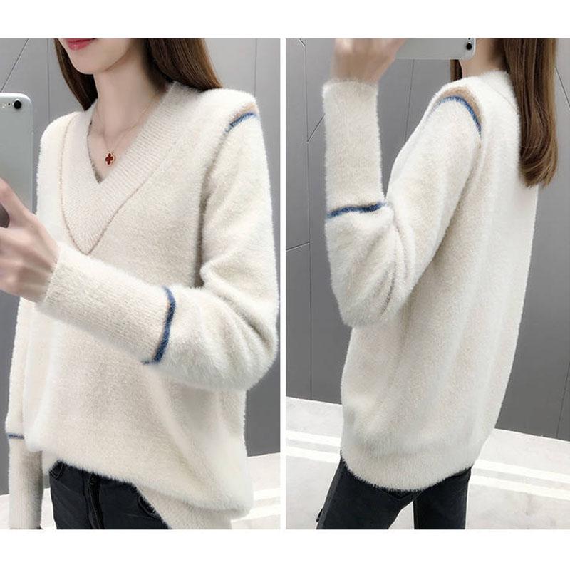 Autumn and Winter Mohair Sweater Loose Casual V-neck Tops Fashion Knitted Women's Bottoming Shirt