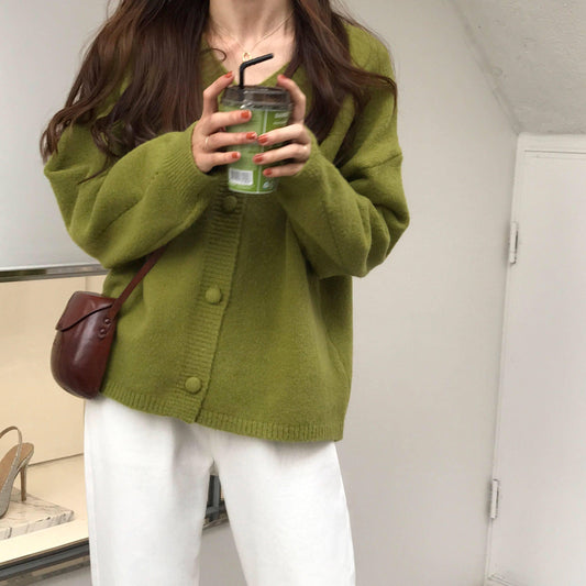 New Korean version of the loose thin long-sleeved avocado green knit sweater cardigan coat female